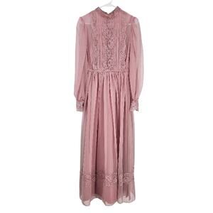 Vintage 60s 70s Victorian Style Dress Pink Chiffon Ruffle Lace Maxi Prairie Sz 8